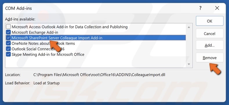 Select an Add-in and Remove