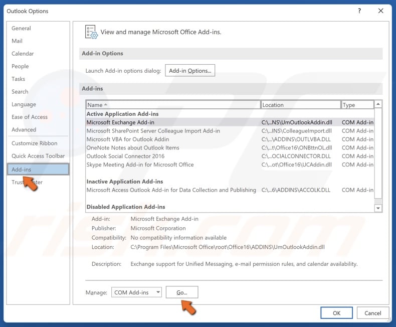 Select the Add-ins panel and click Go