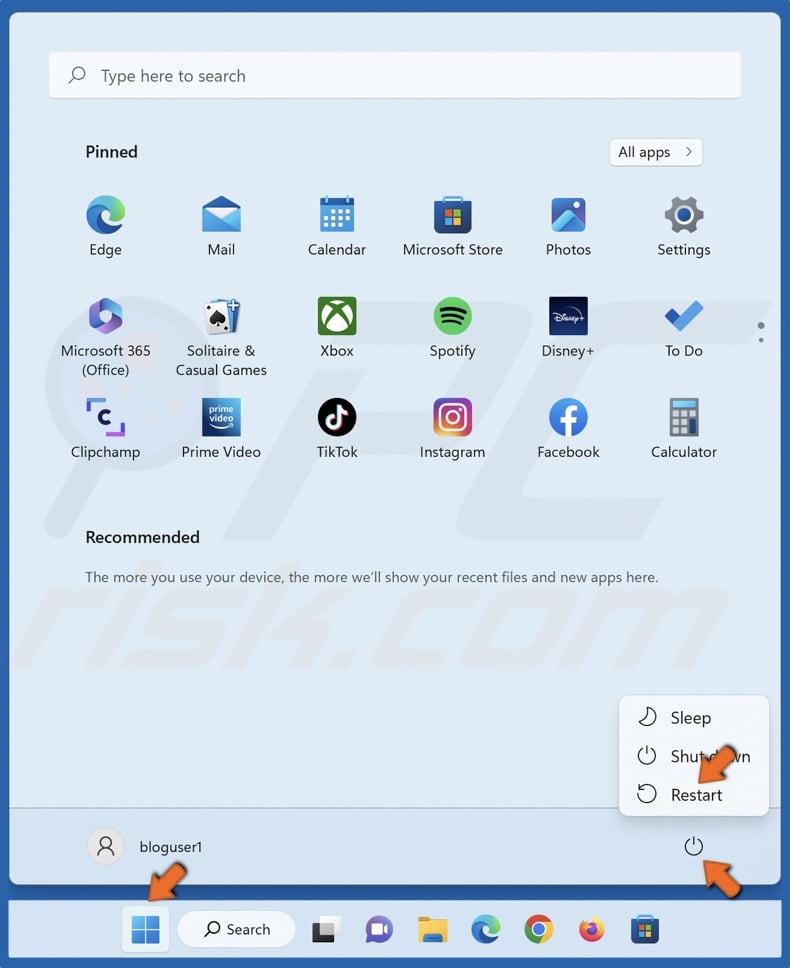 Open the Windows Start menu and click the Power button