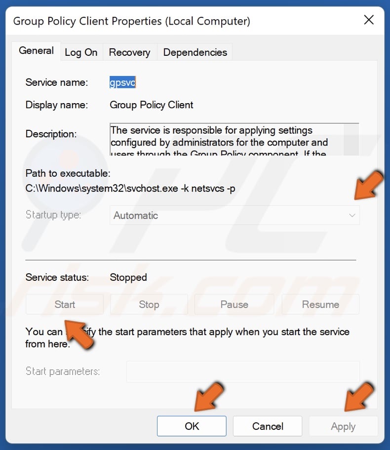 Open the Startup type drop-down menu, select Automatic, click Start, and click Apply and click OK