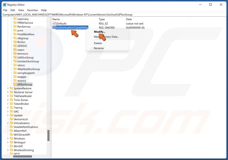 Right-click the AuthenticationCapabilities value and click Modify