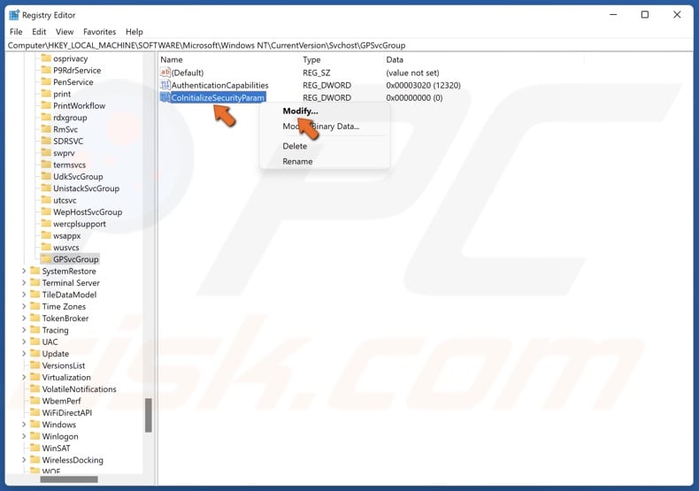 Right-click the CoInitializeSecurityParam value and click Modify
