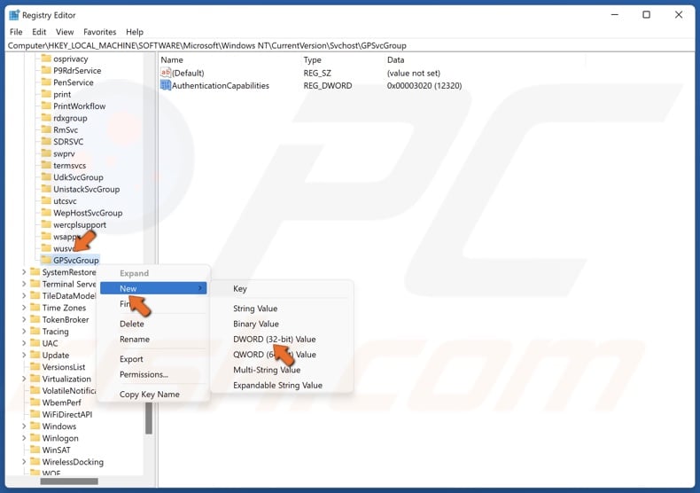 Right-click the GPSvcGroup key, select New, and click DWORD (32-bit) Value