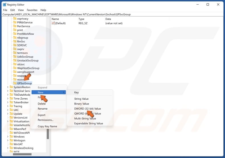 Right-click the GPSvcGroup key, select New, and click DWORD (32-bit) Value