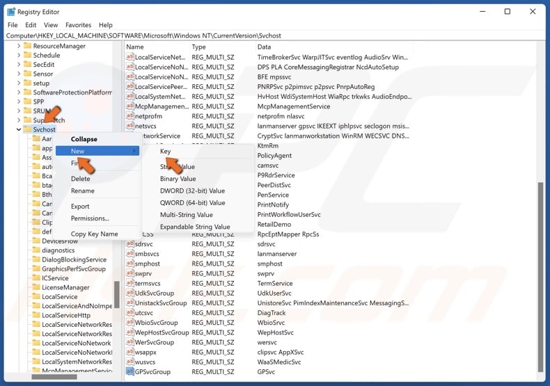 Right-click the Svchost key, select New, and click Key