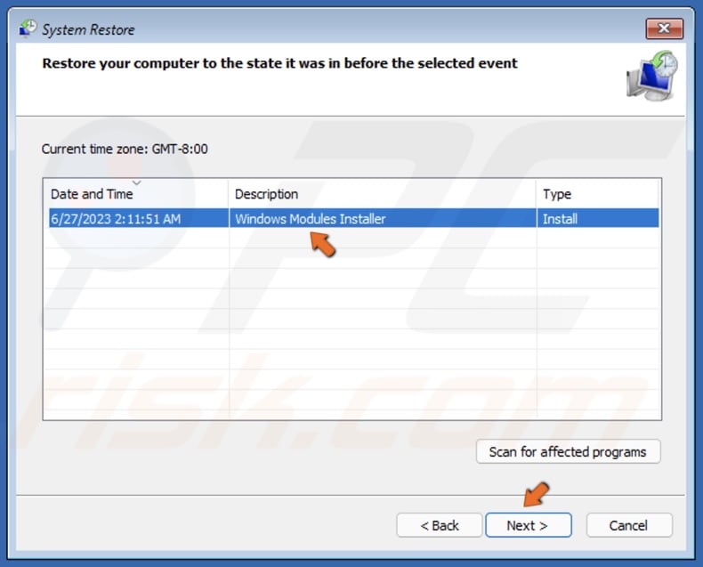 Select a restore point and click Next