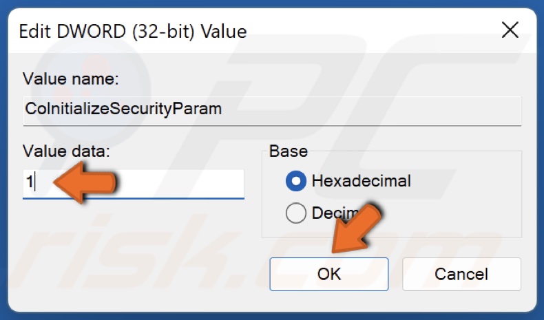 Set the Value data to 1 and click OK