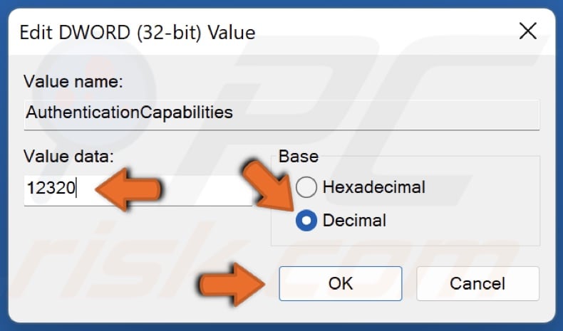 Tick the Decimal option and set the Value data to 12320 and click OK