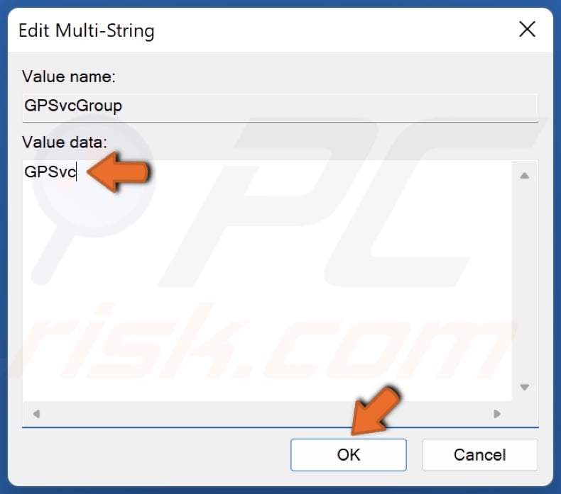In the Value data line, type in GPSvc and click OK