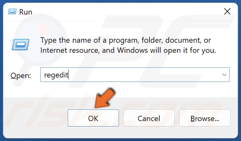 Type in regedit in the Run dialog and click OK
