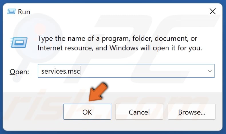 Type in services.msc in the Run dialog and click OK