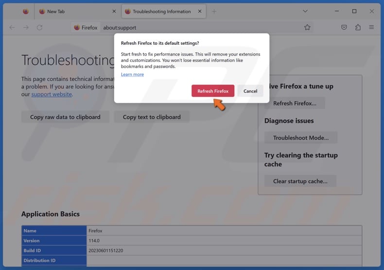 Click Refresh Firefox when prompted to confirm the reset