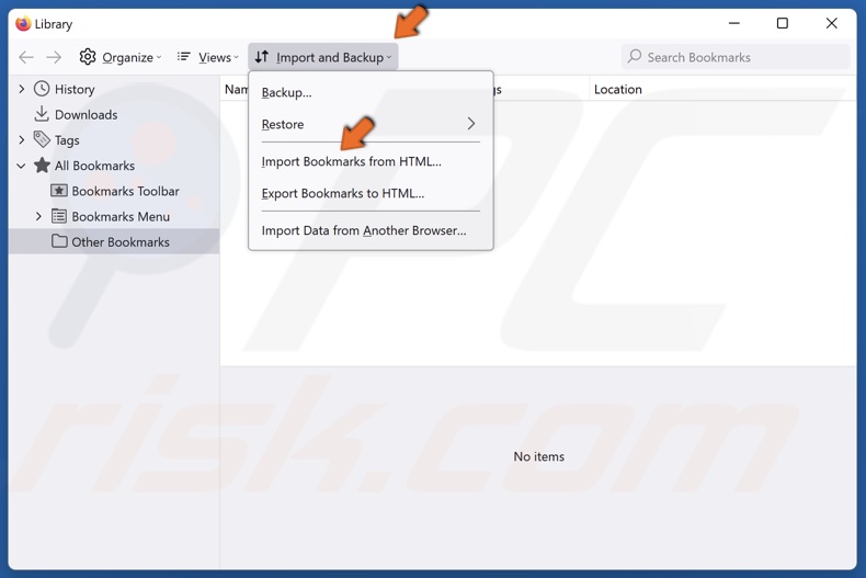 Open the Import and Backup menu and click Import Bookmarks from HTML