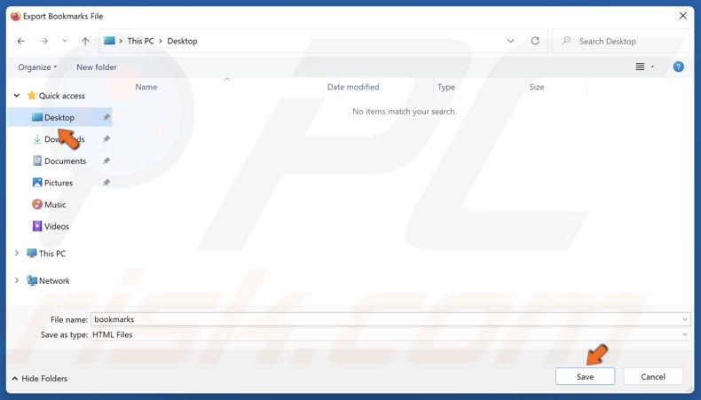 Choose where to save your bookmarks and click Save