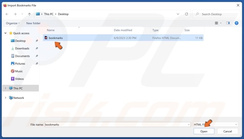 Select your bookmarks file and click Open