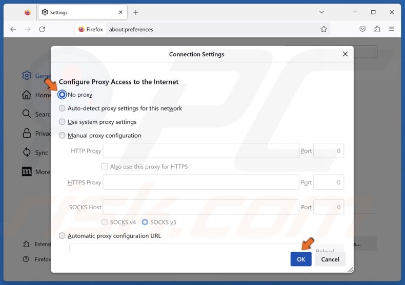 Tick the No proxy option and click OK