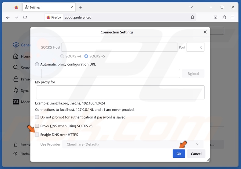 Unmark the Enable DNS over HTTPS checkbox and click OK