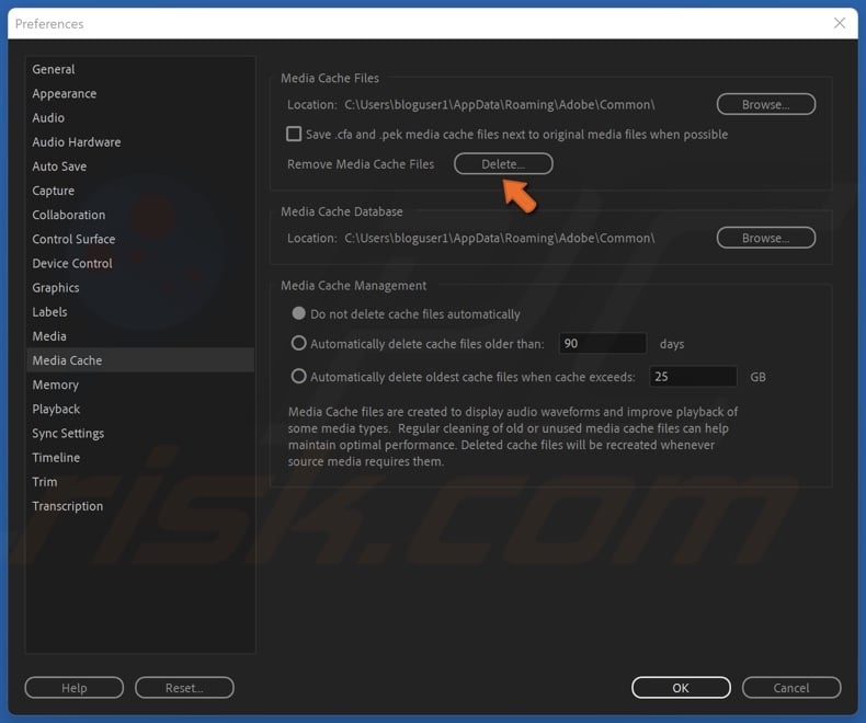 Click Delete next to Remove Media Cache Files
