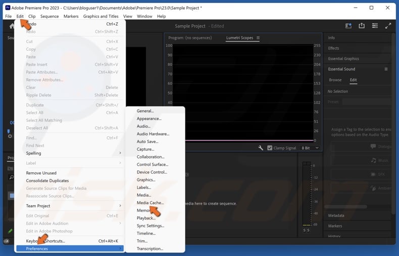 Click Edit, select Preferences, and click Media Cache