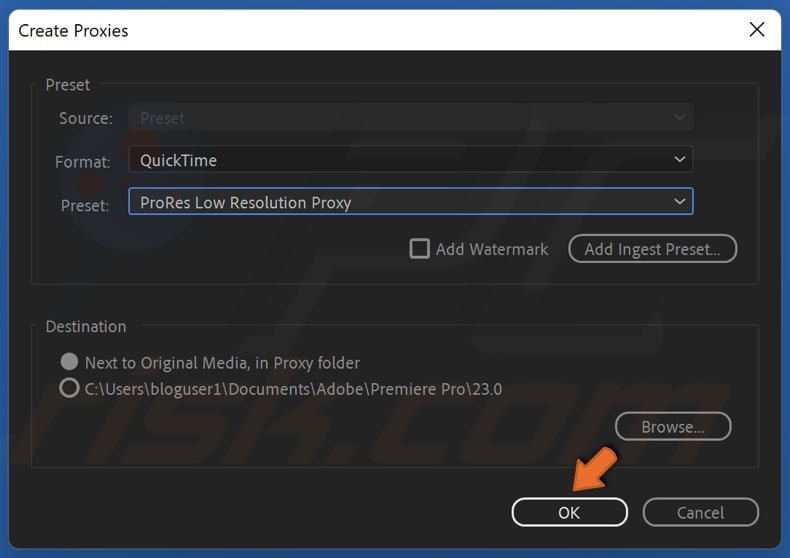 Click Ok to create a video proxy