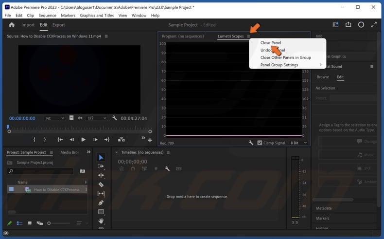 Open the Lumetri Scopes menu and click Close Panel