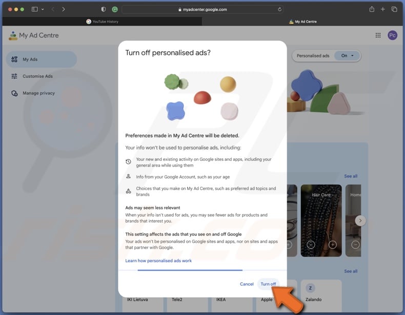 Turn off personalised ads