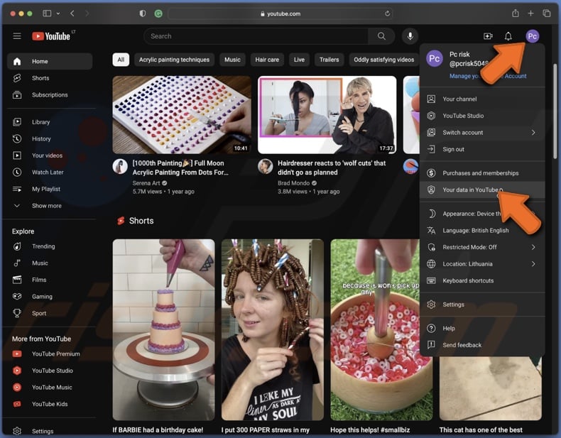 Click on Your data in YouTube