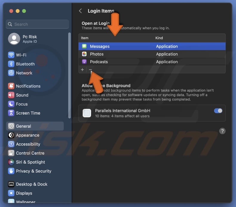 Remove login items via settings