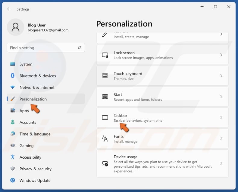 Click Personalization and select Taskbar