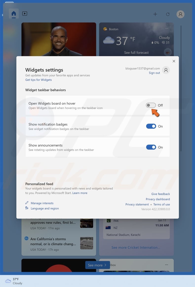 Toggle off Open widgets on hover