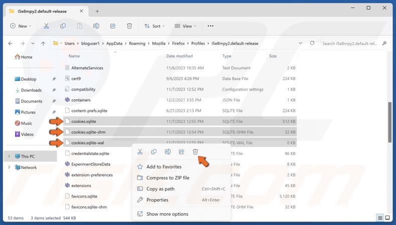 Right-click cookies.sqlite, cookies.sqlite-shm, and cookies.sqlite-wal and click Delete