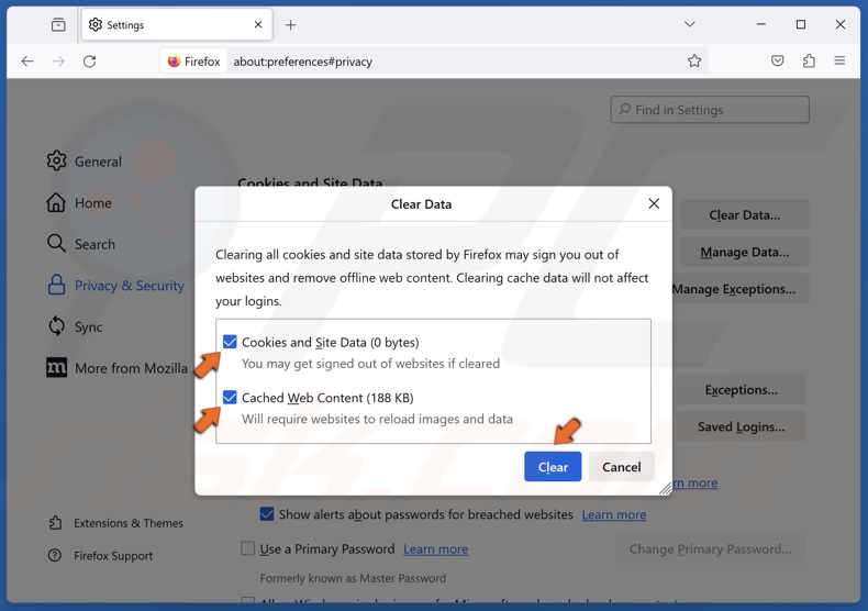 Ensure that the Cookies and Site Data and Cached Web Content checkboxes are marked and click Clear