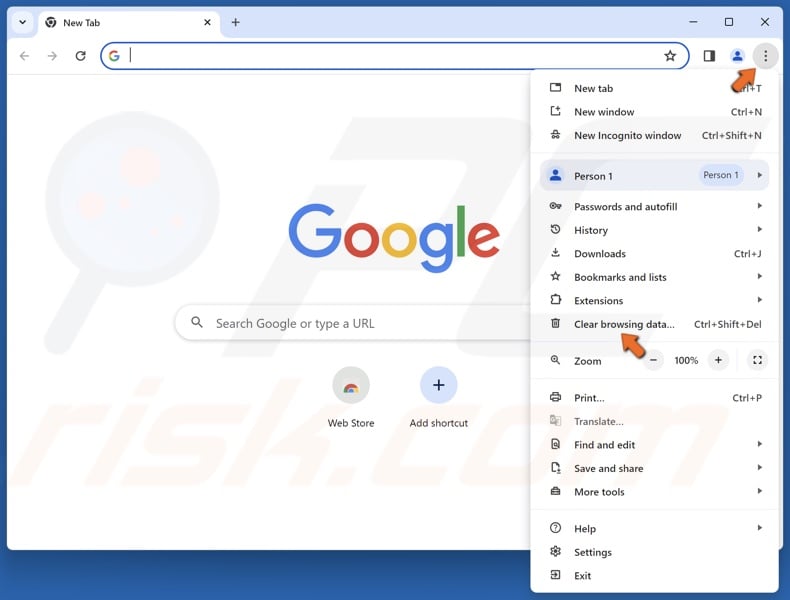 Click the three-dot menu button at the top-right corner and select Clear browsing data