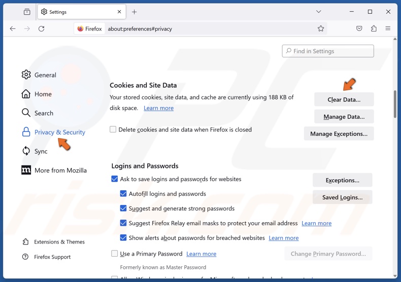 Select the Privacy & Security panel and click Clear Data