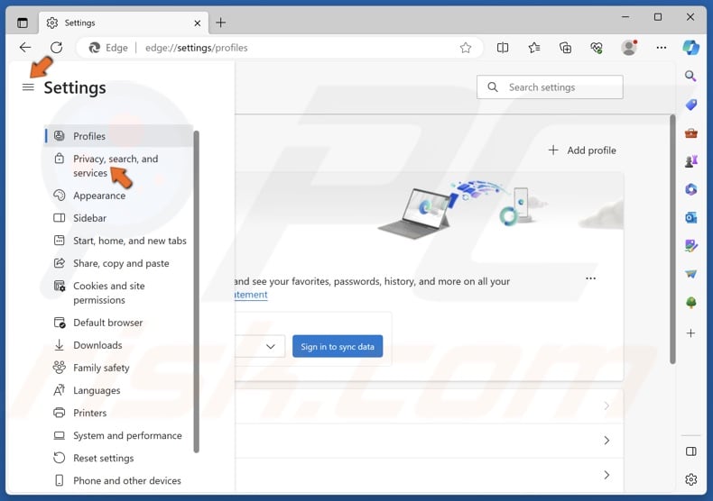 Select the Privacy, search, and services panel
