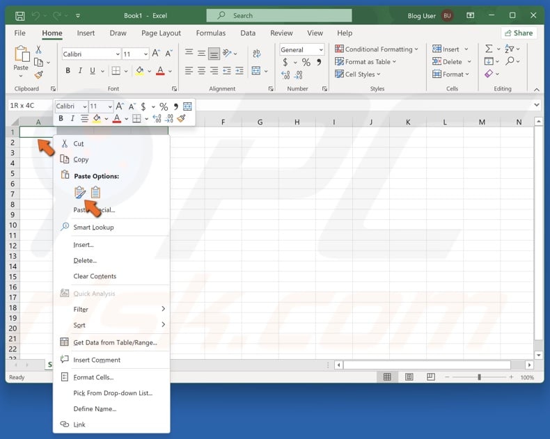 Right-click in the app, and click Paste