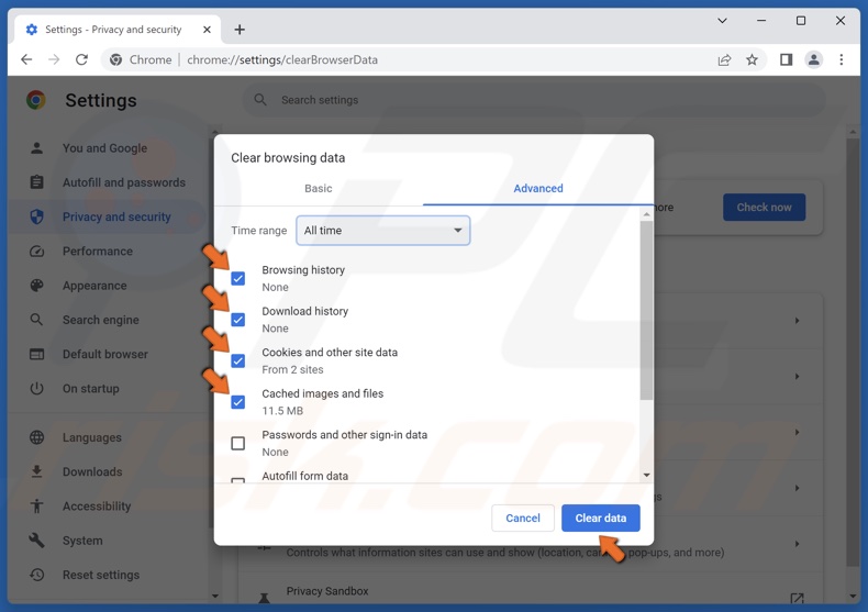 Mark Browsing history, Download history, Cookies and other site data, and Cached images and files