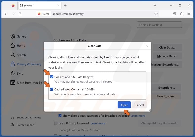 Mark Cookies and Site Data and Cached Web Content and click Clear