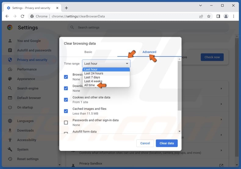 Select the Advanced tab, open the Time range menu and select All time