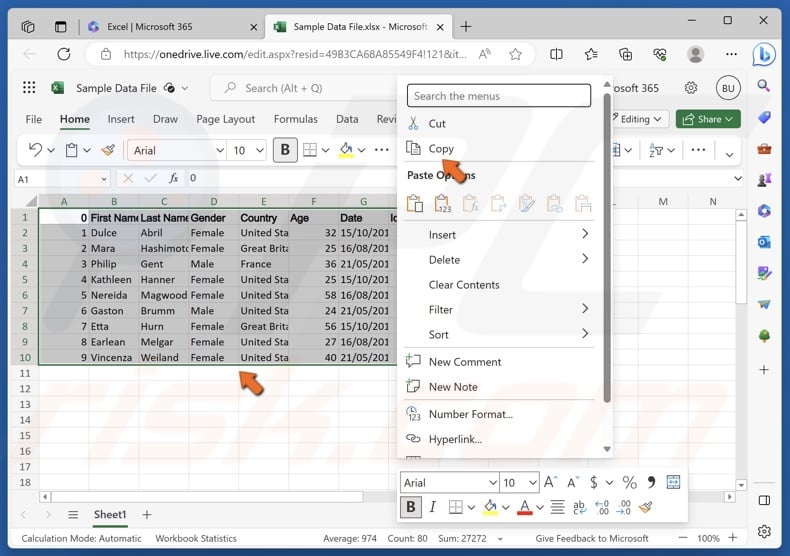 Right-click the data and click Copy
