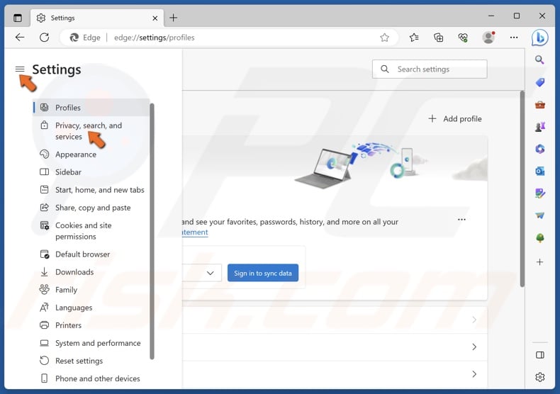 Privacy, search, and services in the right pane