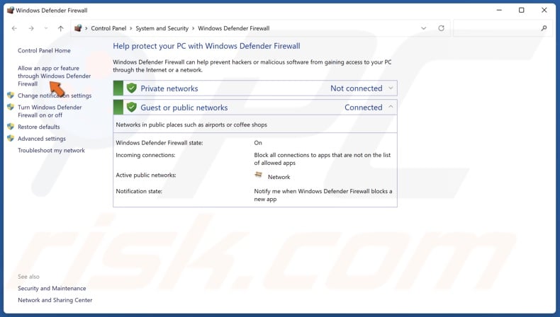 Click Allow an app or feature through Windows Defender Firewall