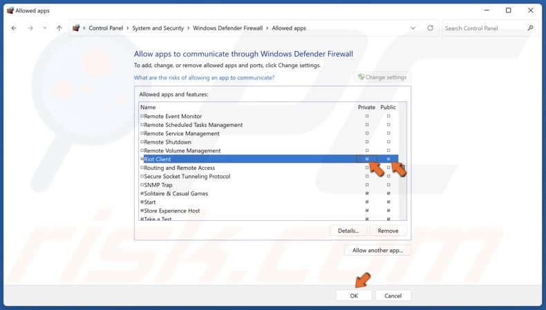 Mark the Private and Public checkboxes next to Riot Client and click OK