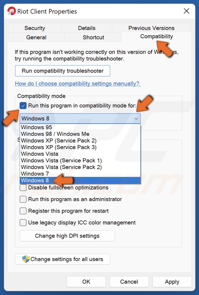 Mark Run this program in compatibility mode for checkbox