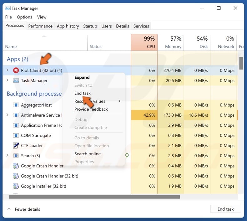 Right-click Riot Client and click End task