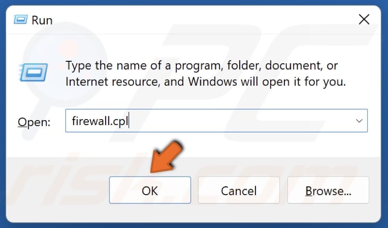 Type in firewall.cpl in the Run dialog box and click OK