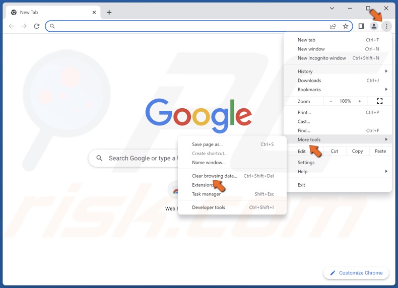 Open the customization and control menu, select More tools and click Clear browsing data