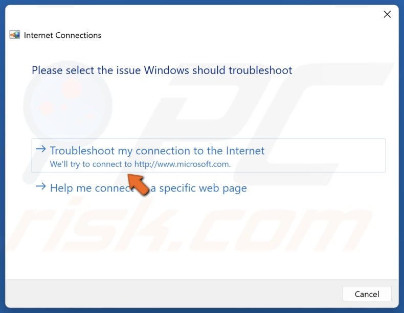 Select Troubleshoot my connection to the Internet