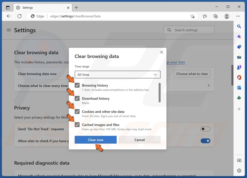 Mark the Browsing history, Download history, Cookies and other site data, and Cached images and files checkboxes and click Clear now