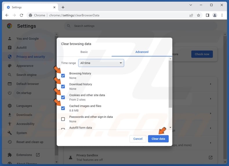 Mark the Browsing history, Download history, Cookies and other site data, and Cached images and files checkboxes and click Clear data